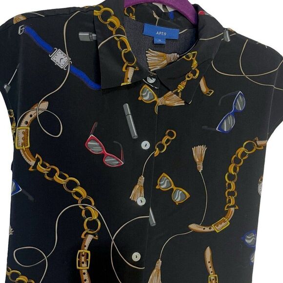 APT. 9 Belted Knee Length Dress Womens M Black Baroque Watches Sunglasses Casual - Picture 6 of 12